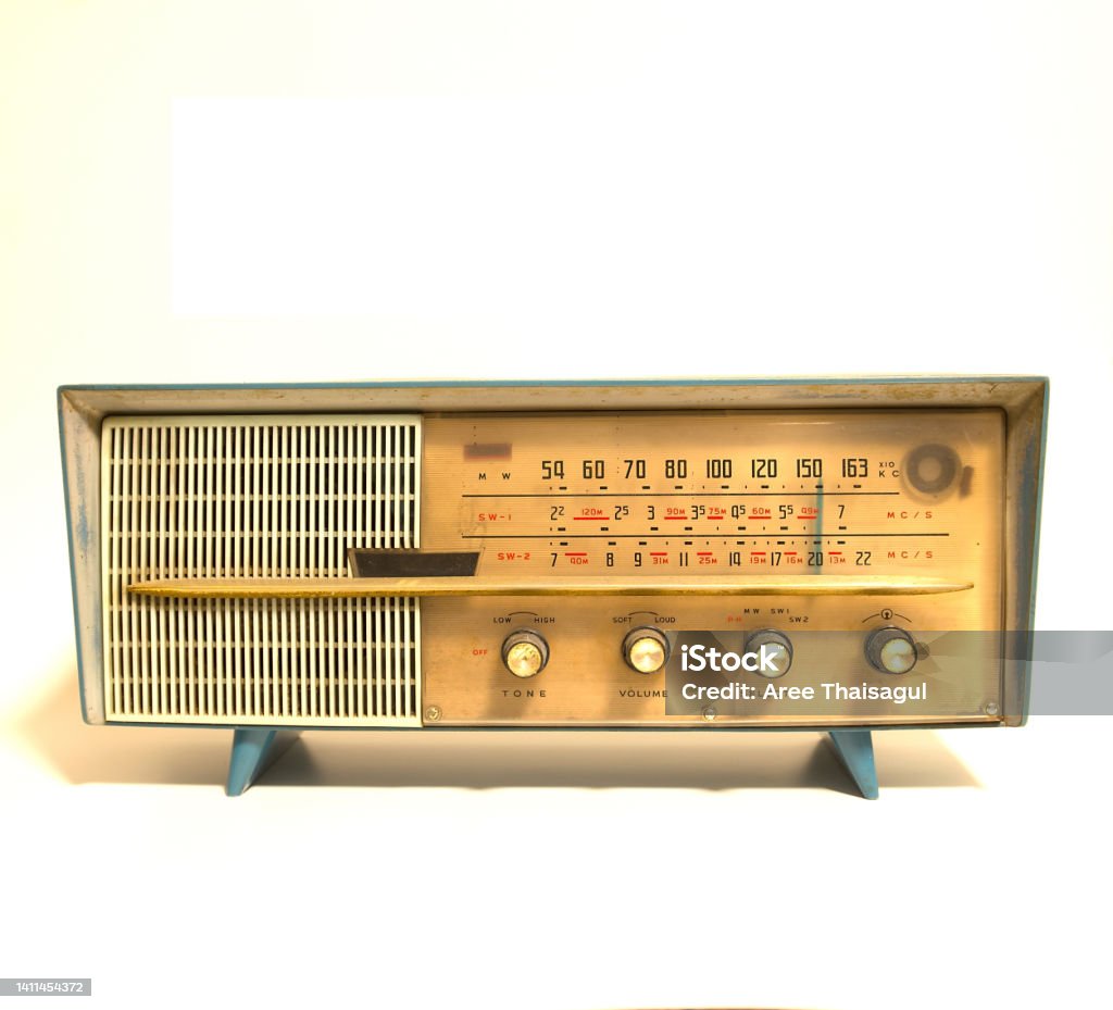 Ancient radio has a beautiful old style on a white background wi Ancient radio has a beautiful old style on a white background with space. Analog Stock Photo