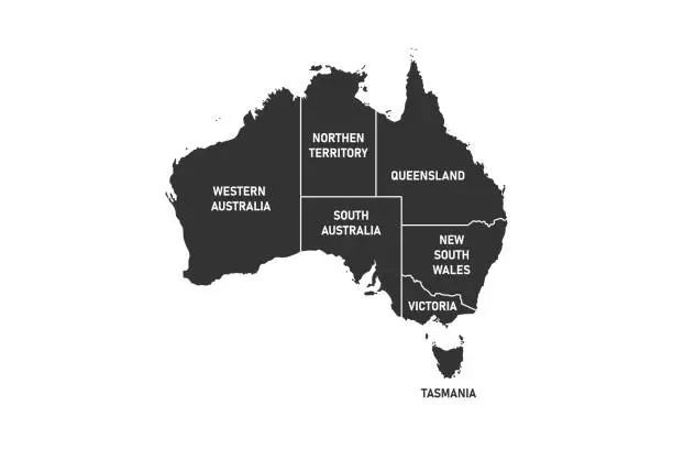 Vector illustration of Australia map divided by regions and territories. Black mapof Australian continent and Tasmania island. Vector illustration isolated on white backgroun.