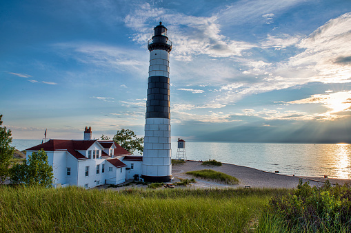 Majestic Wawatam Lighthouse in stunning predawn light,Saint Ignace, Upper Peninsula of Michigan.