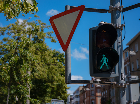 Close-Up Sidewalk crossing light in Basel street. traffic control and regulation concept