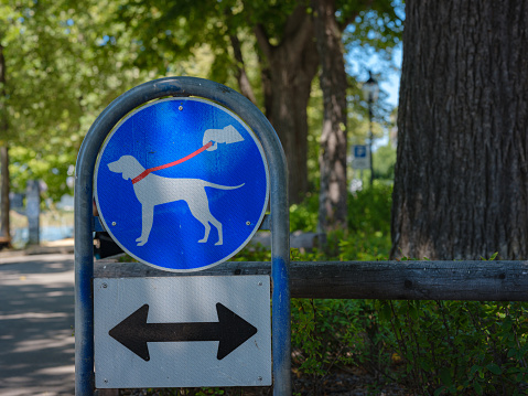 sign in park that means walking dog only on leash. High quality photo. Basel city