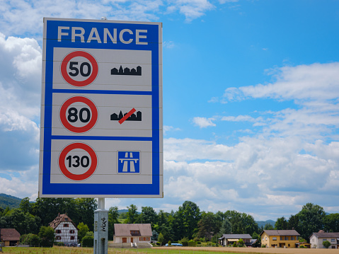 Speed limits in France - Sign of Speed limits at the French border.