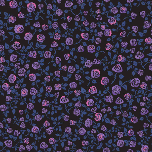 ilustrações de stock, clip art, desenhos animados e ícones de light purple, stylized roses on a black background. floral seamless pattern. fabric texture. - pink rose flower color image