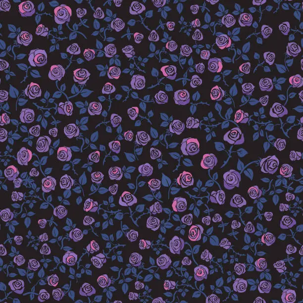 Vector illustration of Light purple, stylized roses on a black background. Floral seamless pattern. Fabric texture.