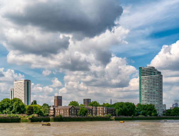 The Pepys Estate at Deptford, in the London Borough of Lewisham, London, seen here from the River Thames, was named after Samuel Pepys, the diarist and Clerk to the Navy Board. The award-winning development by the Greater London Council (GLC) was built on the site of the former Royal Navy Victualling Yard. Building commenced in 1966 and incorporated some of the old rum warehouse buildings as well as new high- and low-rise blocks of apartments.