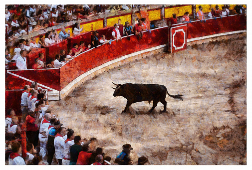 Bull running in Navarra, Spain - digital manipulation