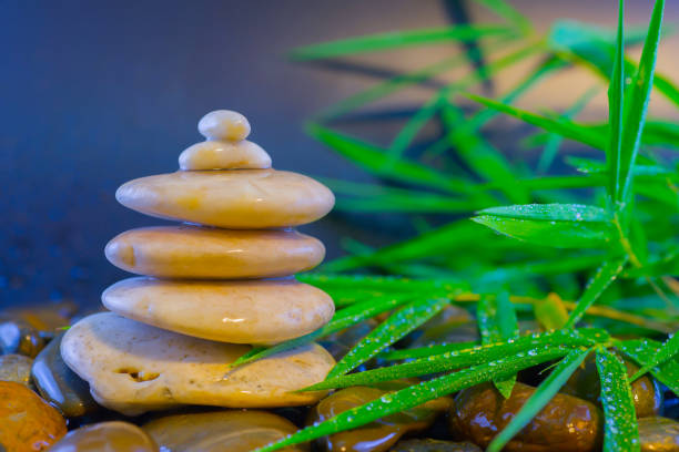 Relaxation concept, white stones stacked with balance and with the leaves of green bamboo, fresh from the scattered water.