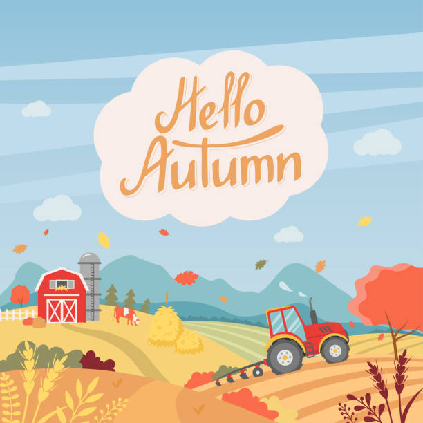 ilustraciones, imágenes clip art, dibujos animados e iconos de stock de hola tarjeta de otoño con paisaje rural - agriculture field tractor landscape