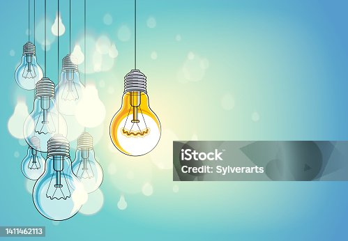 istock Idea concept light bulbs vector illustration with single one is shining, think different, creativity, be special, leadership. Composition with copy space for text. 1411462113