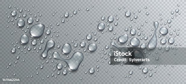 istock Water rain drops or condensation in shower realistic transparent 3d vector composition over transparency checker grid, easy to put over any background or use droplets separately. 1411462244