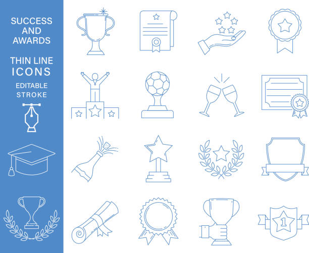 ilustraciones, imágenes clip art, dibujos animados e iconos de stock de icono de línea delgada del premio success award - set - shield crown blue badge