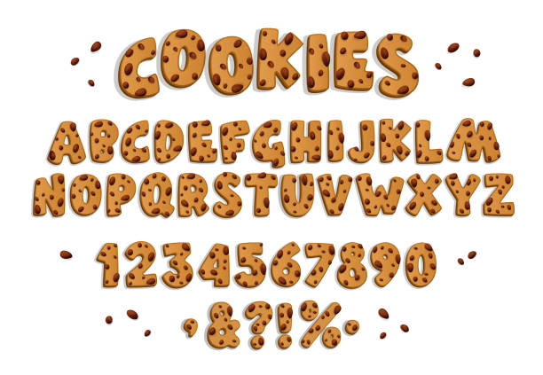 illustrations, cliparts, dessins animés et icônes de police de biscuits aux pépites de chocolat sur fond clair. - cookie letter illustrations