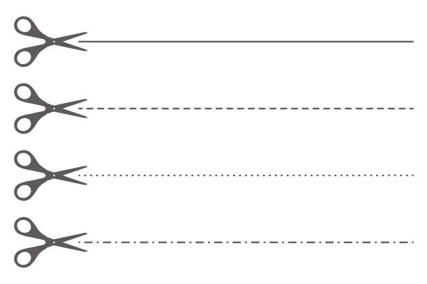 ilustrações, clipart, desenhos animados e ícones de ilustração de corte de papel com linha pontilhada. tesoura com linhas de fronteira. símbolos de traço do conjunto vetorial - coupon scissors sale frame