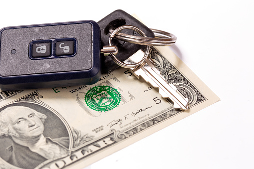 Car keys and keychain alarm on one dollar banknote