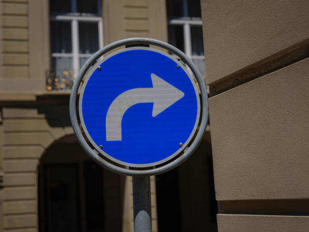 Turn right ahead road sign in Sitzerland city