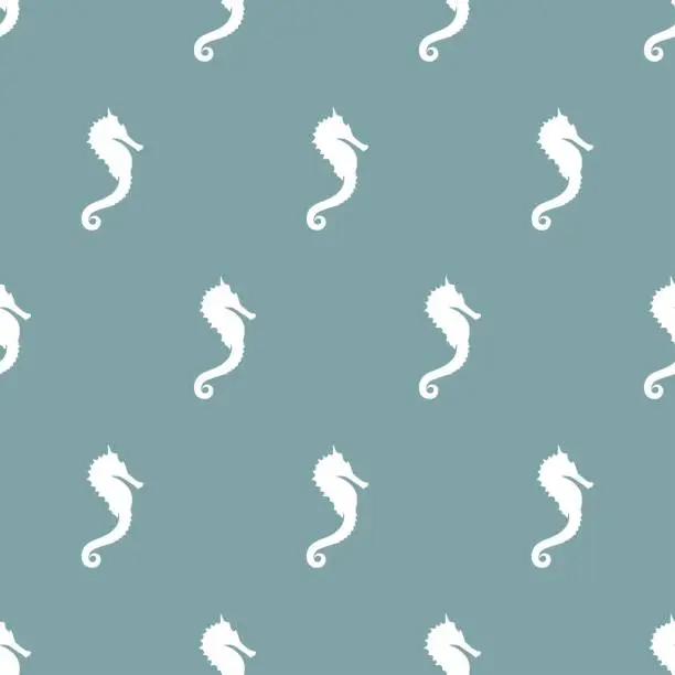 Vector illustration of Seamless pattern with white sea-horse or hippocampus on powder blue background.