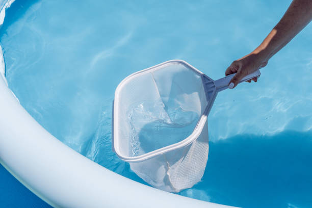 istock Woman cleaning her home's pool with a net 1411466104