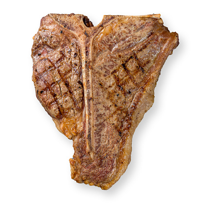 Steak T Bone, tibon steak, steak on bone isolated on white background top view