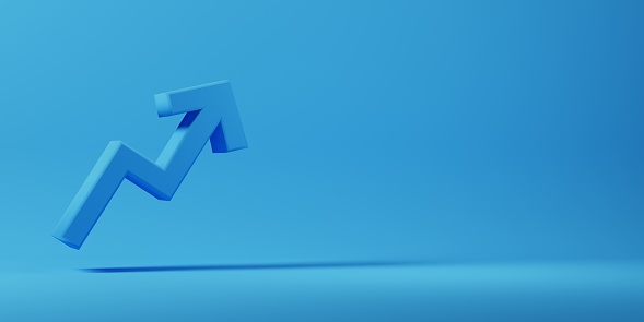 3D render of business concept with blue arrow showing upward trend on blue background