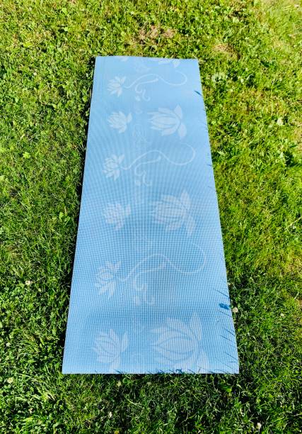 istock Blue yoga mat on green grass background 1411470013