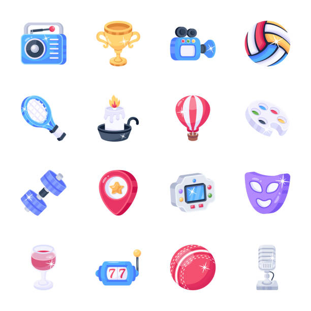 Pack of Hobbies Icon Vectors Get thrilled with this amazing pack of entertainment icons. These colorful flat vectors will simply boost your marketing projects to the next level evolution volleyball stock illustrations