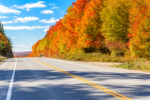 Autumn road in the White Mountains of New Hampshire in autumn.