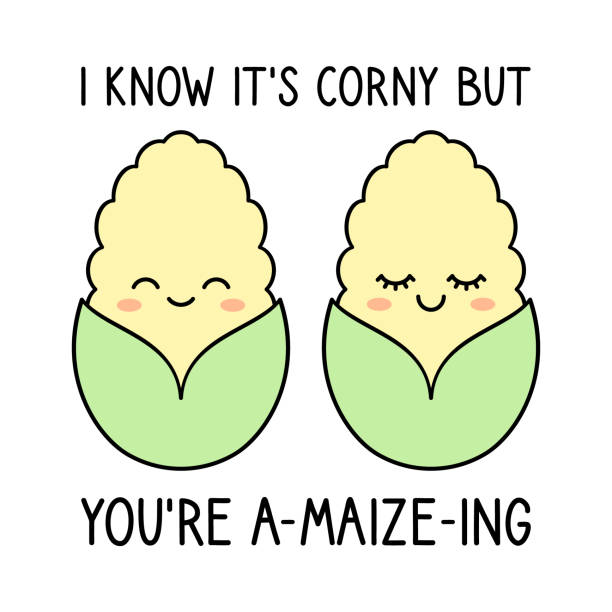 I Know It’s Corny But You’re Amazing. Cute corn pun. Two kawaii corns in love. Maize cartoon characters with a quote. Romantic couple greeting card design. Vector illustration, flat, outline, clip art happy valentine day clip art stock illustrations
