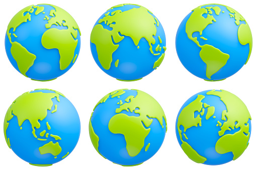 Set of cute cartoon planet Earth in different views on white background. Earth globe 3d icon set. 3d rendering