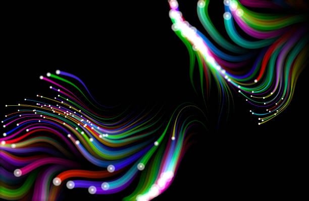 ilustrações, clipart, desenhos animados e ícones de partículas de fluxo multicoloridas no fundo preto. - cyberspace abstract backgrounds photon
