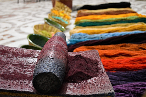 natural ingredients for dyeing natural wool, with mill to extract the pigment organically and manually.