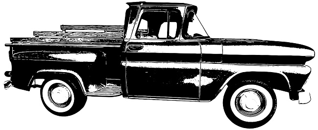 vector illustration in black on white background of a classic old pick up truck