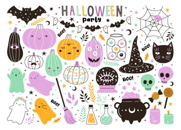 ilustrações de stock, clip art, desenhos animados e ícones de vector collection of cute pastel halloween doodles - halloween witchs hat witch autumn