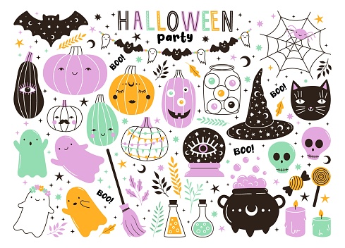 Vector collection of cute pastel halloween doodles