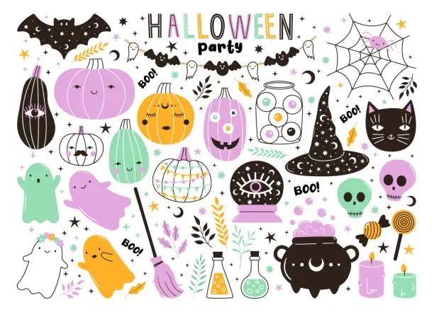 Vector illustration of Vector collection of cute pastel halloween doodles