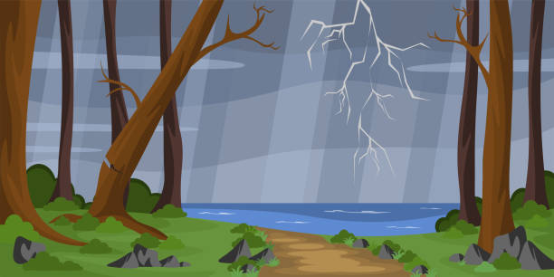 아름다운 강력한 숲의 벡터 일러스트레이션. 폭풍, 비, 번개, 바다, 타락한 나무와 만화 숲 풍경. - lightning house storm rain stock illustrations