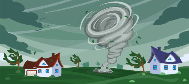 illustrazioni stock, clip art, cartoni animati e icone di tendenza di illustrazione vettoriale di disastri naturali. paesaggio da cartone animato con un tornado che distrugge la città e gli alberi. - lightning house storm rain