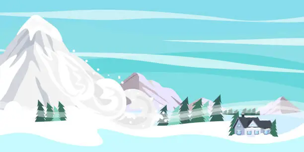 Vector illustration of Vector illustration of natural disaster. Cartoon landscape with snow avalanche that descends from the mountains to forests and houses.