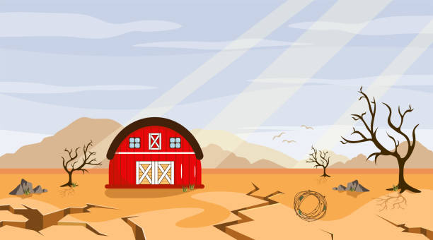 vector illustration of natural disaster. cartoon landscape with drought on the farm that destroyed all vegetation. - 旱災 幅插畫檔、美工圖案、卡通及圖標