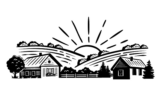 Rural landscape panoramic format with a farm and sunshine. Hand drawn Illustration in engraving style. Vector sketch illustration