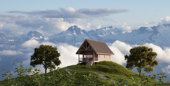 A-frame Cabin home on top of a mountain with rocky peaks. 3d Rendering House. Aerial Nature landscape background from British Columbia, Canada. Artwork