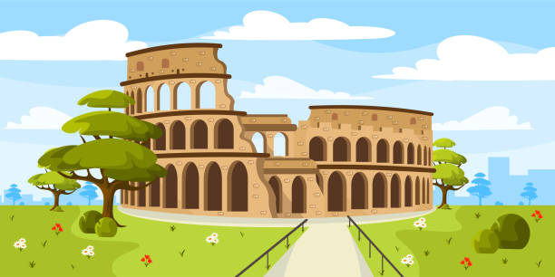 Vector illustration of a beautiful summer park with a historic coliseum. Cartoon urban landscape with historical buildings, trees, path, flowers and city in the background. Vector illustration of a beautiful summer park with a historic coliseum. Cartoon urban landscape with historical buildings, trees, path, flowers and city in the background. amphitheater stock illustrations