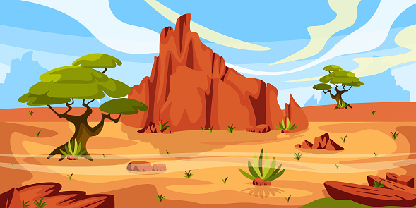 Vector illustration of a beautiful American desert. Cartoon desert landscape with trees, bushes, mountains.