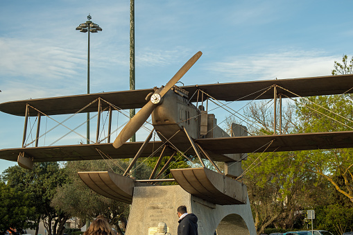 A seaplane honors the first flight across the South Atlantic by Portuguese pilots Gago Coutinho and Sacadura Cabral, from Lisbon to Rio de Janeiro in 1922 to mark Brazil's 100-year celebration of independence.  The monument is in Belém Tower park in Lisbon, Portugal.