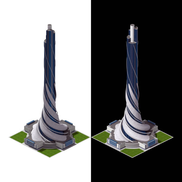 3D futuristic architecture illustration for a tiled game rendered in dimetric projection at 2:1 pixel ratio, with a 30Â° orthographic camera from 2 angles. The clipping path is included in the file.