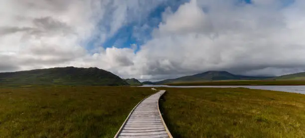 A panorama landscape of the Claggan Mountain Coastal Trail bog and boardwalk with the Nephir mountain range in the background
