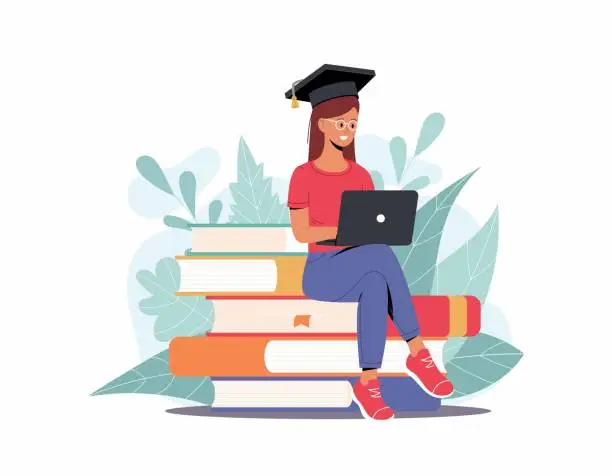 Vector illustration of Woman with laptop in graduation cap sitting around pile of books. Concept illustration of online courses, distance studying, self education, digital library.