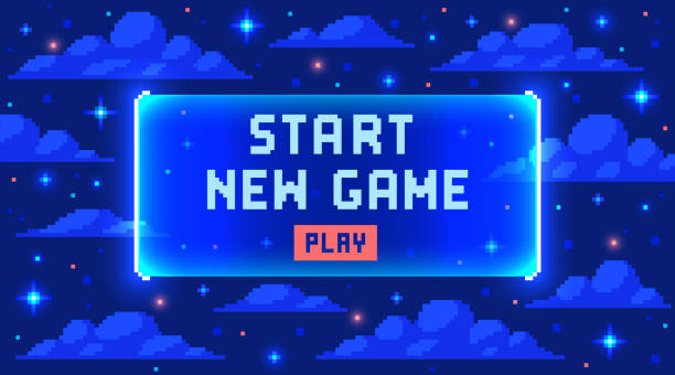 web-banner mit der phrase start new game. sci-fi-bildschirmhintergrund mit neon-design - bit stock-grafiken, -clipart, -cartoons und -symbole