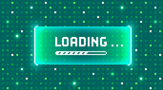 Web banner with phrase Loading. Sci-fi screen background with neon design. 8 bit computer game in pixel art style vector illustration
