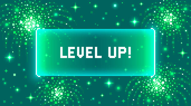 illustrazioni stock, clip art, cartoni animati e icone di tendenza di banner web con frase level up. sfondo dello schermo fantascientifico con design al neon - somerset levels