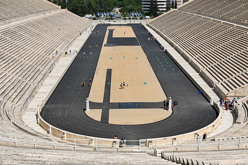 Athens, Greece - May 2022: Panoramic view of the city's historic Olympic Stadium